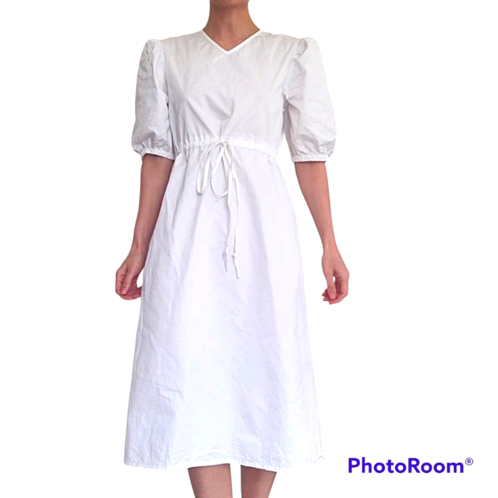H.A.R.T. Wite Puff Balloon Sleeve Minimalist Midi Dress Size S